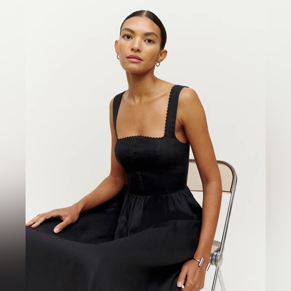 NEW Reformation Tagliatelle Linen Black Midi  Dress Lace Detail | size 2 - Picture 3 of 14